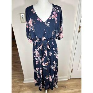 J. Jill Midi‎ Dress M Navy Pink Floral Button Front Pockets Slub Dolman Sleeve
